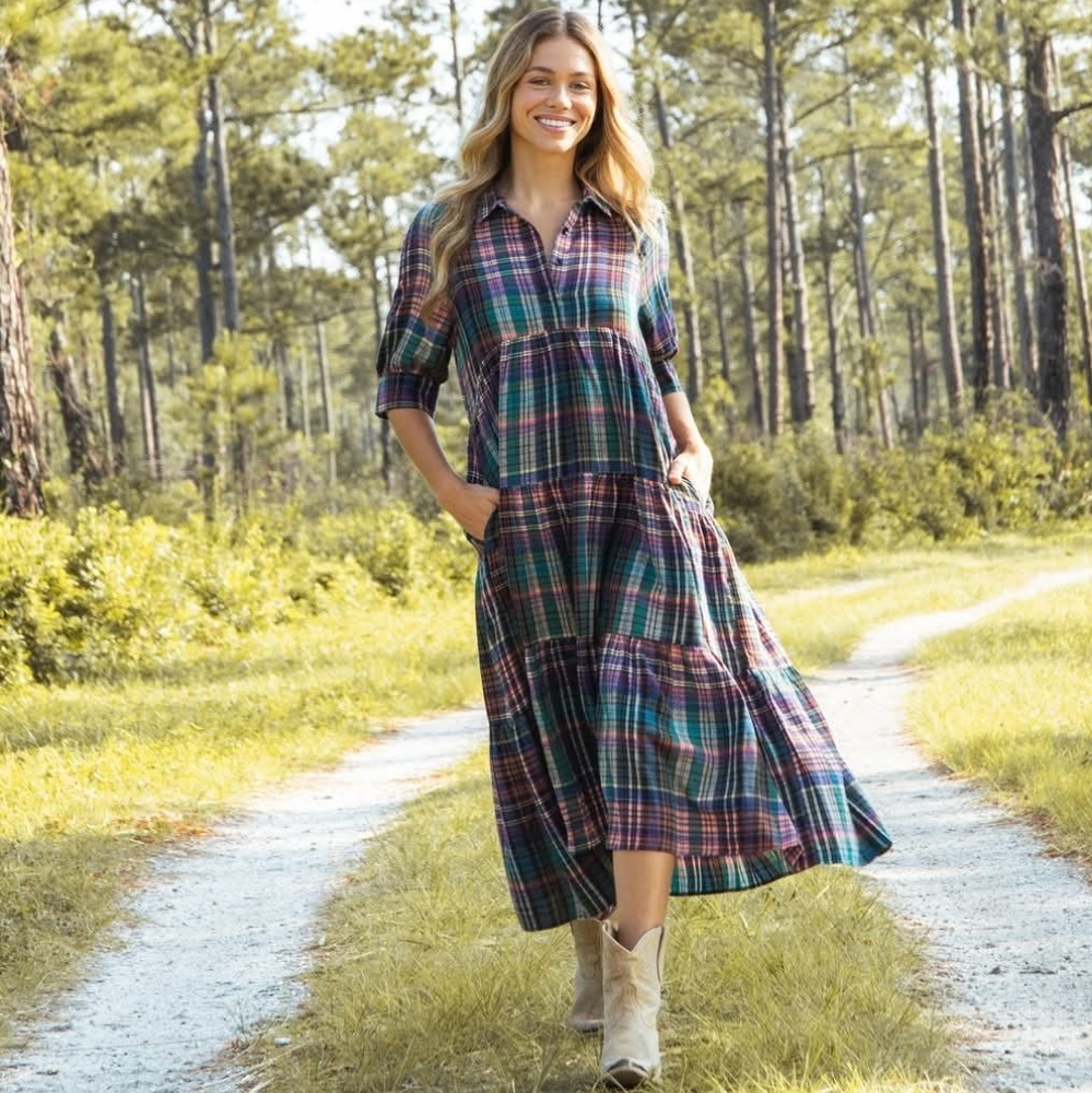 Natural Life Rebecca dress womens M plaid flannel pockets midi Fall tiered